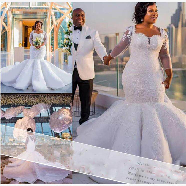 亚马逊速卖通新款外贸礼服新娘蕾丝袖鱼尾婚纱定制Wedding dress