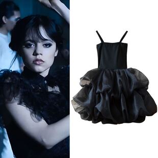 亚当斯一家cos服星期三亚当斯黑色纱裙女童吊带连衣裙 跨境热销