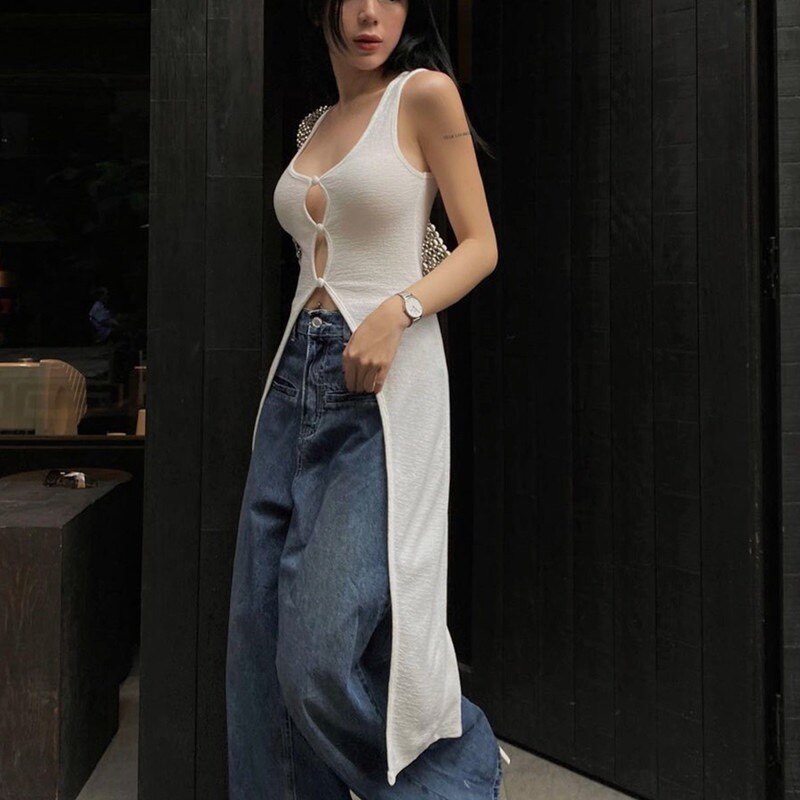 欧美时尚经典女装夏季白色无袖连衣裙凹造型开衫小红书博主打卡裙