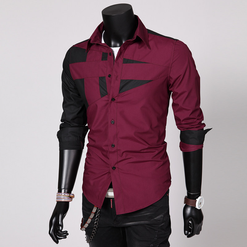 外贸男士衬衫Men splice long-sleeved blouse thin lapel shirts