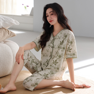 芬腾焕新夏季莫代尔棉睡衣女士薄款简约短袖开衫七分裤家居服套装