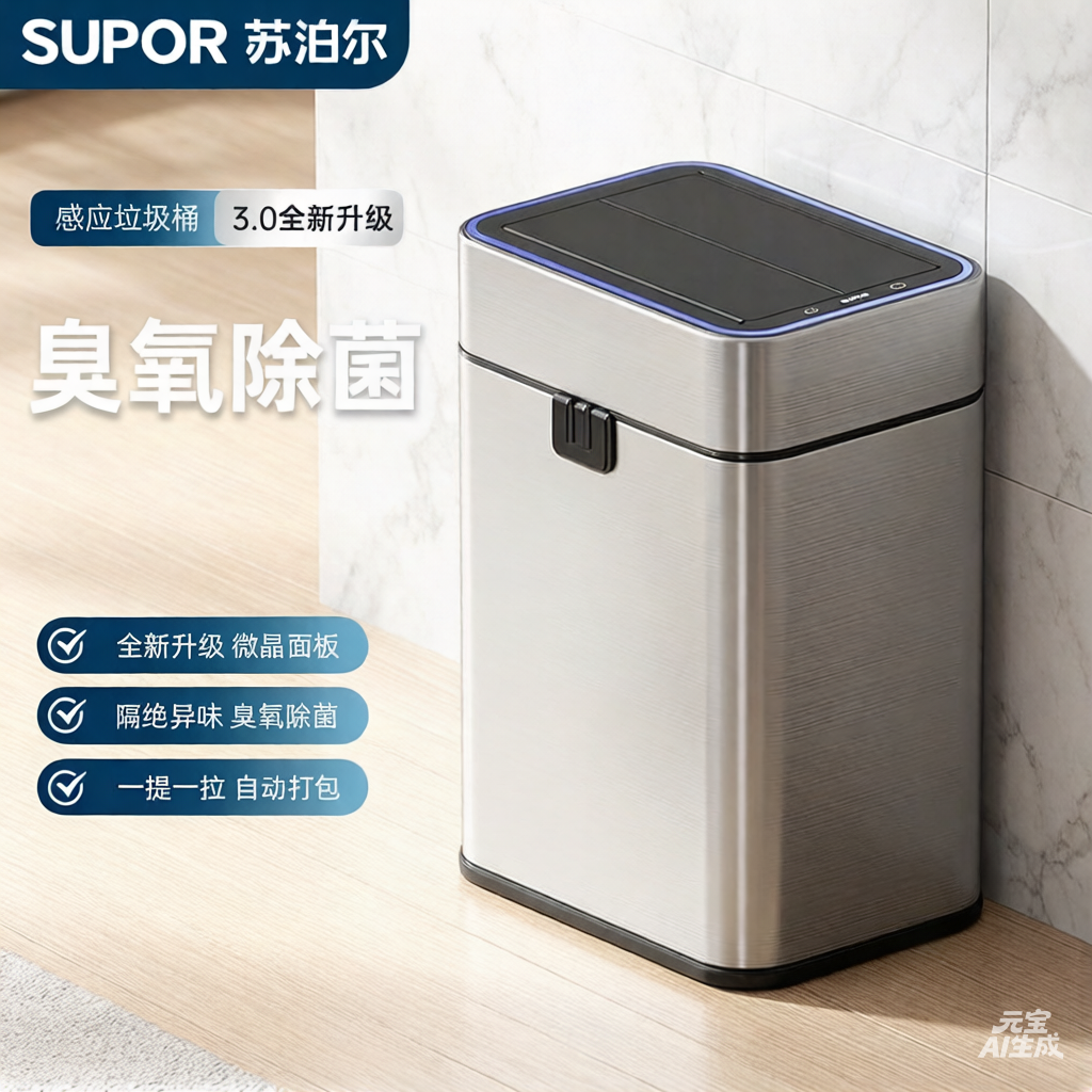 苏泊尔2026新款感应垃圾桶家用智能客厅卧室卫生间高档轻奢带盖