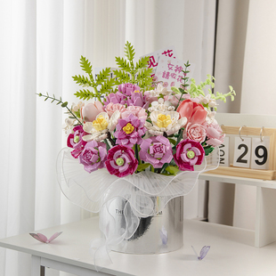 粉黛花海花桶玫瑰花积木女生高颜值仙气花束成人版520礼物小众