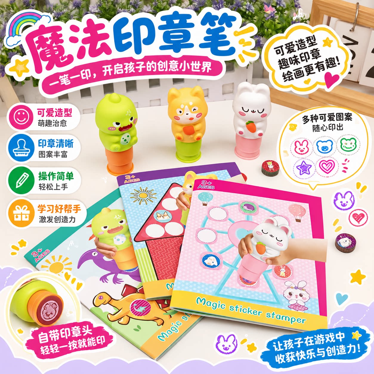 魔法印章贴纸补充包卡通图案防水无痕儿童手工粘贴奖励盖章玩具