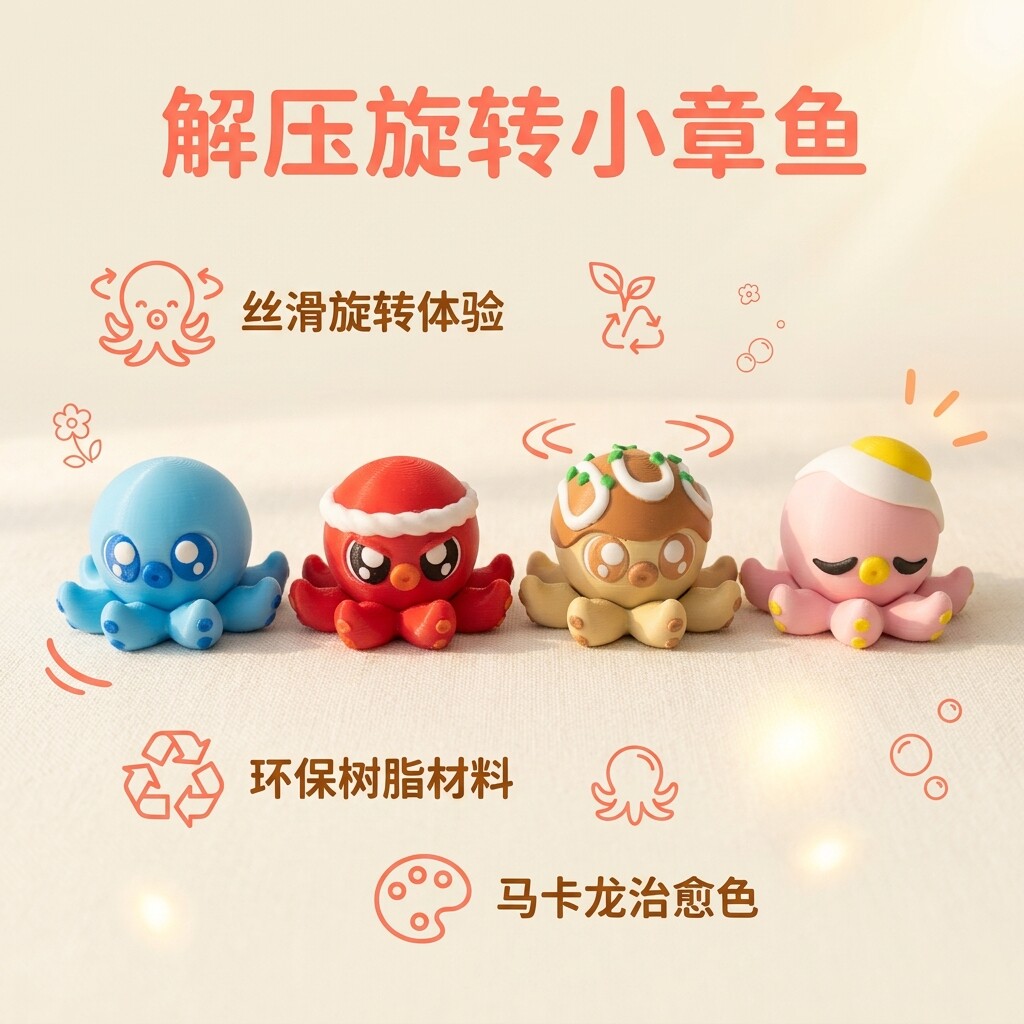 旋转解压小章鱼摆件 3D 打印可爱八爪鱼桌面指尖把玩治愈系装饰