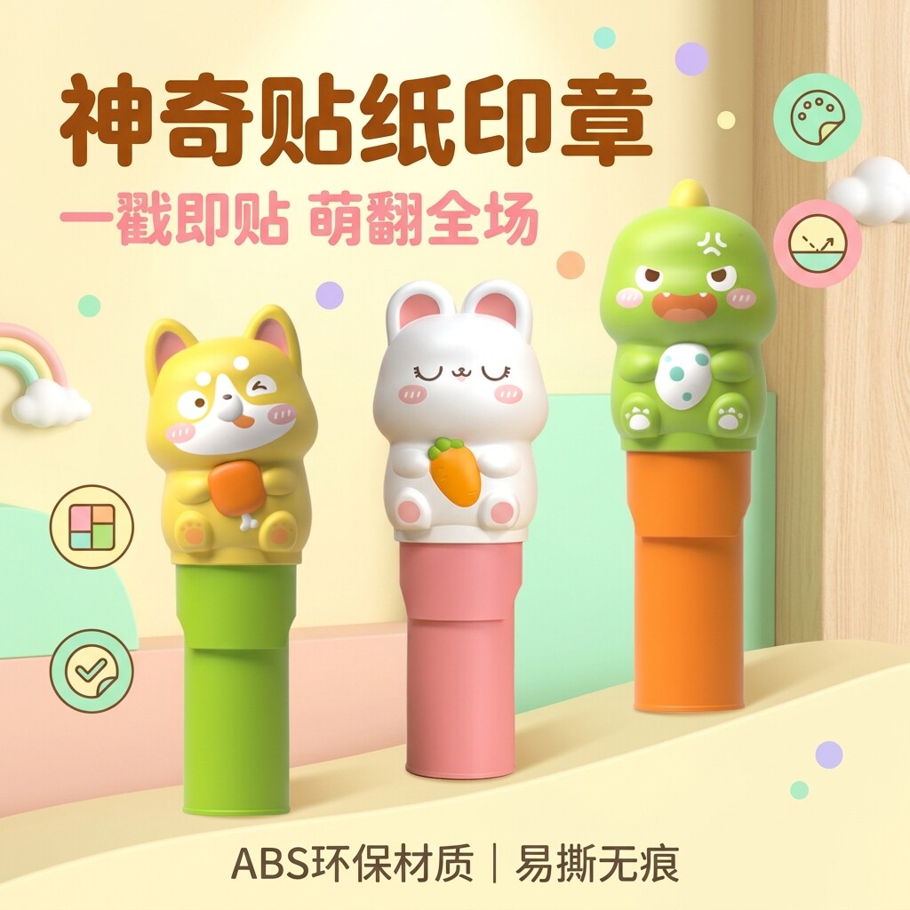 魔法印章儿童彩色贴纸无痕防水不掉色卡通盖章冰箱贴专注力益智