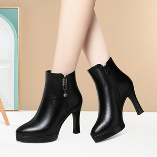 中年冬季气质耐磨细跟皮靴加绒保暖厚底短筒靴专业旗袍模特走秀靴