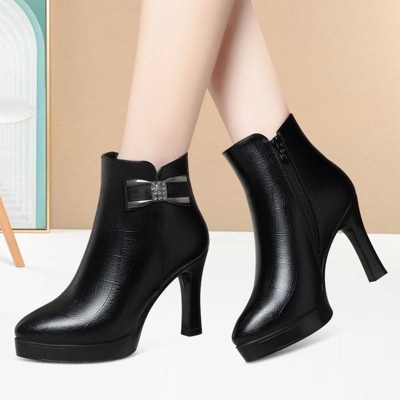 软皮细跟高跟女靴百搭舒适时装靴轻便中年时装靴耐磨防水台女皮靴,女鞋,时装靴,淘宝优惠券,粉丝福利购,淘宝优惠卷