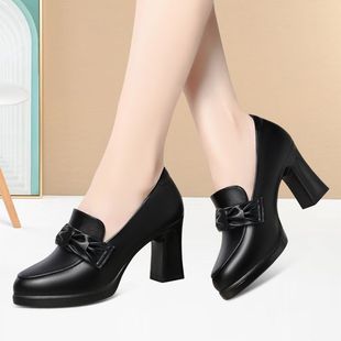 粗跟耐磨女鞋 乐福鞋 软皮舒适深口单鞋 低帮时尚 新款 气质中年高跟鞋