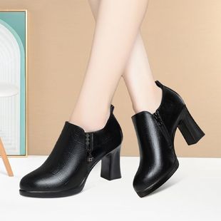 潮流时尚厚底深口单鞋旗袍模特专业礼仪走秀鞋粗跟圆头高跟皮鞋女