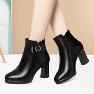 新款旗袍模特礼仪走秀靴中年通勤耐磨工作女靴厚底防水台粗跟皮靴
