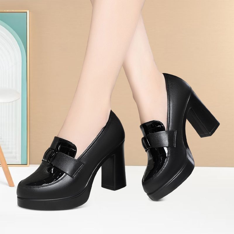 粗跟舒适深口单鞋百搭耐磨轻便乐福鞋中年旗袍走秀鞋厚底女高跟鞋