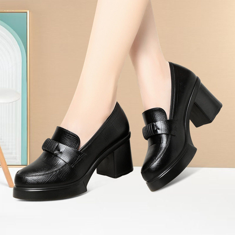 气质厚底轻便耐磨单鞋圆头百搭防滑深口乐福鞋低帮增高洋气高跟鞋