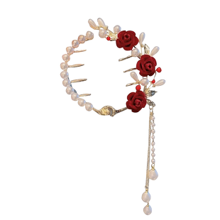 复古玫瑰花珍珠流苏发夹丸子头盘发神器抓夹高马尾扣发圈夹子头饰