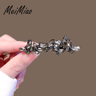 精致黑色水晶蝴蝶发夹气质后脑勺半扎一字夹弹簧夹顶夹侧边刘海夹