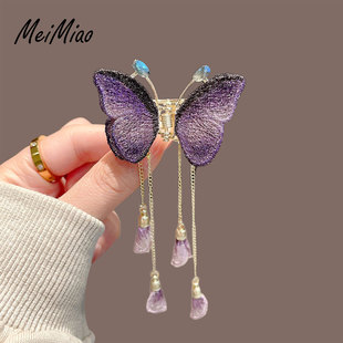超仙刺绣蝴蝶水钻流苏发夹女后脑勺半扎发抓夹子古风头饰2024新款