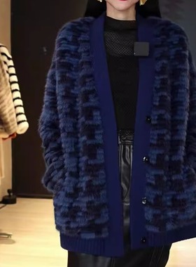 【IZUO颐着】定染蓝色进口水貂超复杂工艺拼针织时髦年轻皮草外套