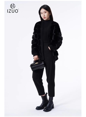 【IZUO颐着】进口水貂碰撞蕾丝新式超年轻时尚款黑貂皮草外套