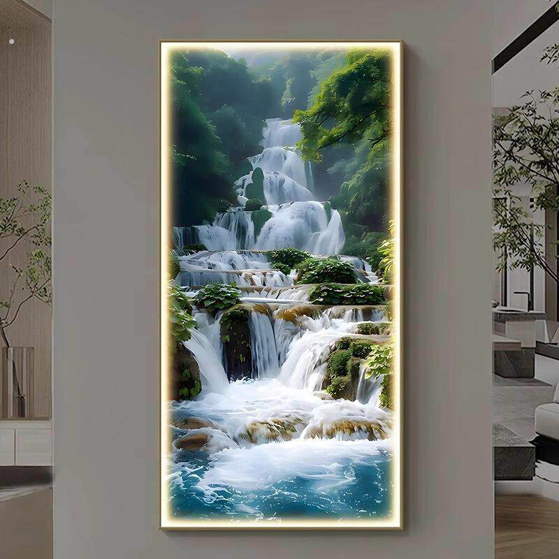 流水生财玄关装饰画高档带灯镶钻走廊过道挂画客厅入户进门灯画