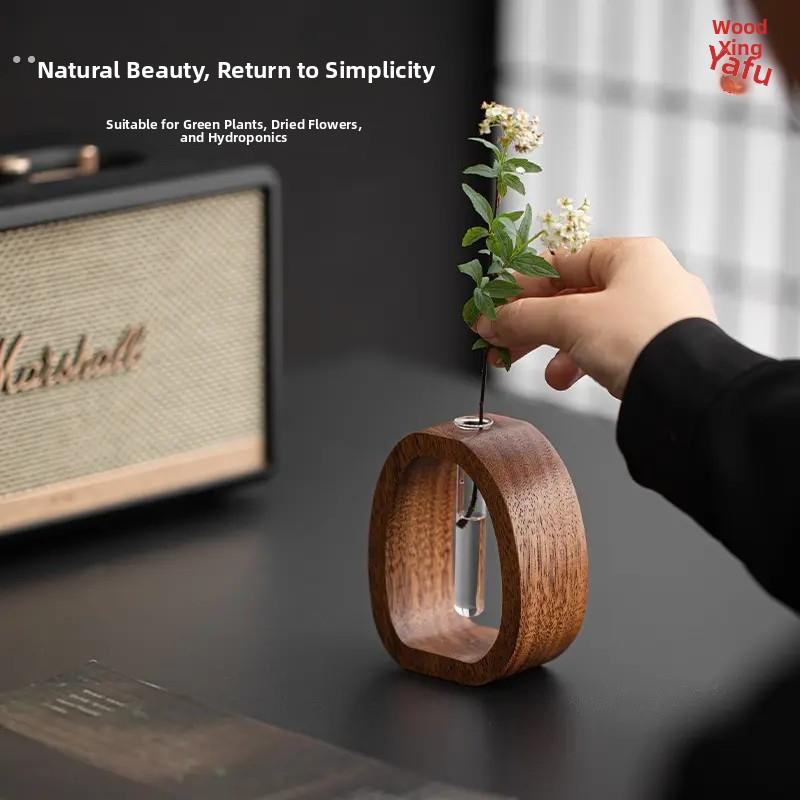 胡桃木透明玻璃小花瓶日系治愈鲜花水养花插迷你实木桌面插花摆件