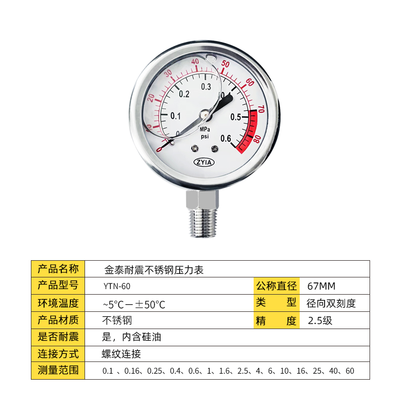 zyia金泰yn60不锈钢耐震径向压力表抗震气压油压水压液压40mpa4分