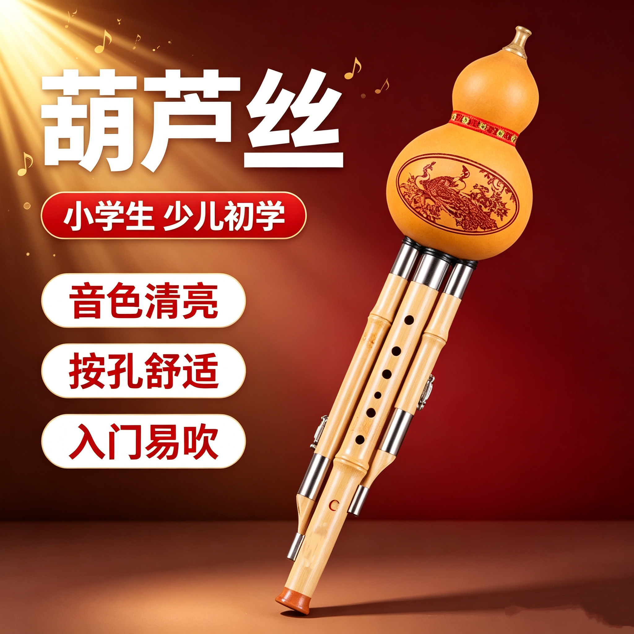 葫芦丝乐器小学生专用C调降B调7孔专业初学演奏型葫芦丝孔雀图案