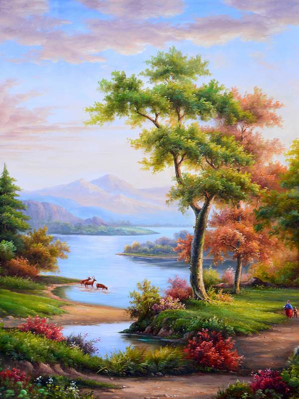 欧式油画树林山水风景装饰画心现代客厅挂画玄关油画布打印画芯