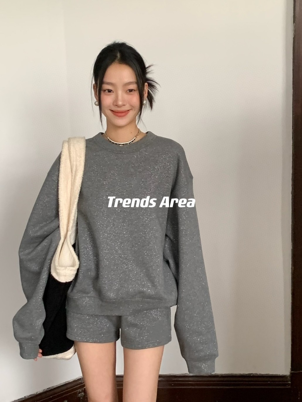 Trends Area 定制26早春AW重工字母细闪钻石银灰加绒加厚卫衣套装