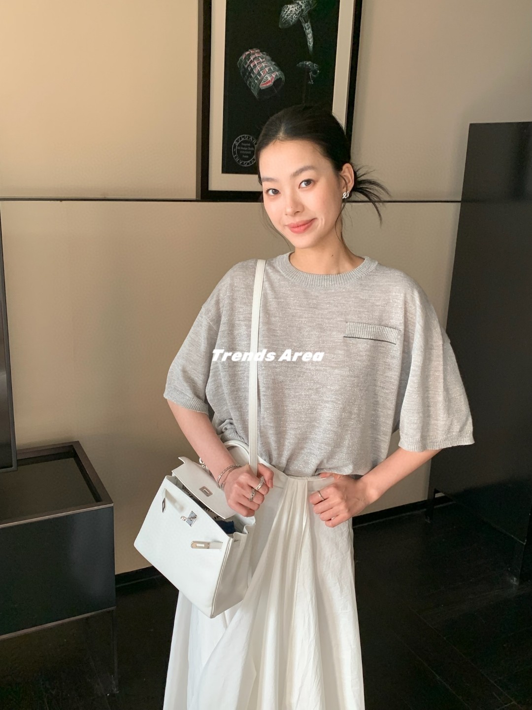 Trends Area定制25春夏BC极简亚麻银色圆领宽松显瘦短袖T恤上衣