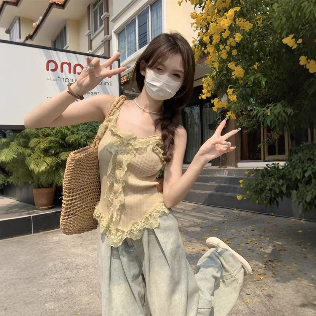 多色辣妹针织吊带背心女春季纯欲风性感蕾丝拼接修身短款内搭上衣