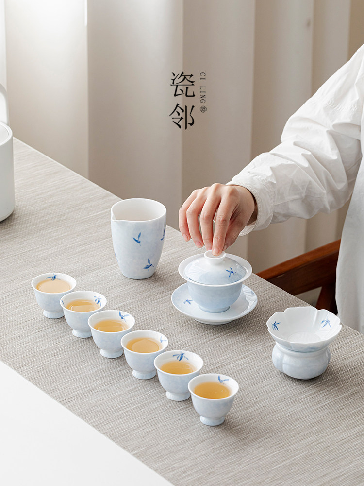 瓷邻居手绘木兰茶具家用全套功夫茶具陶瓷盖碗茶杯礼盒礼盒