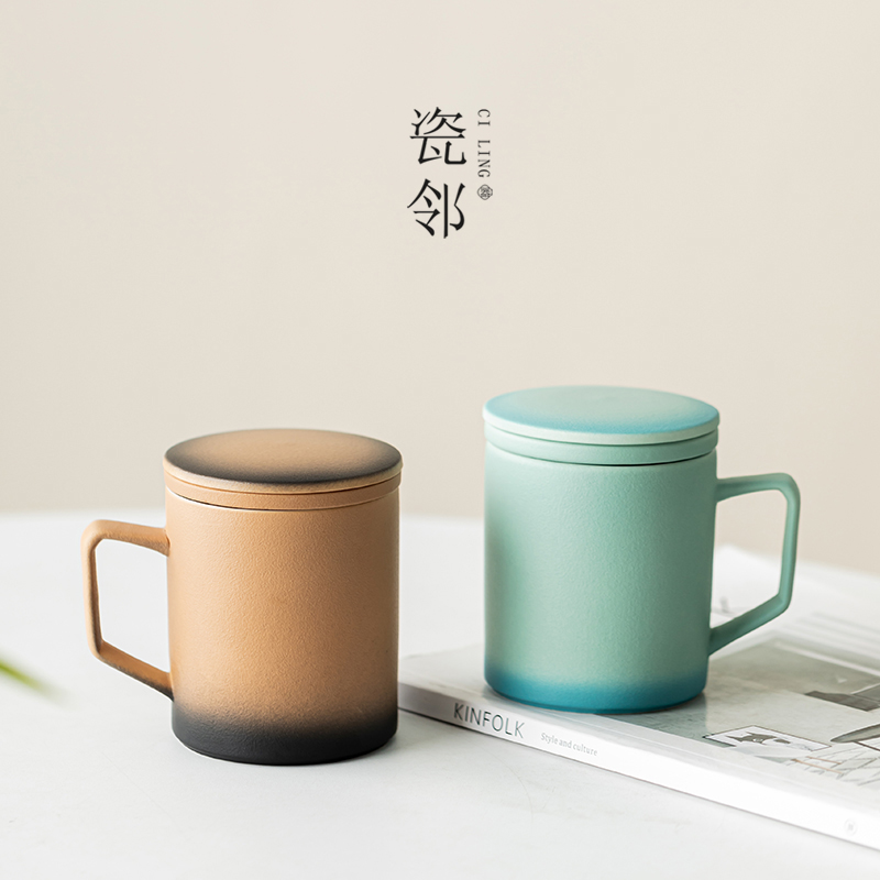 瓷邻陶瓷泡茶杯茶水分离杯个人家用办公带盖子过滤水杯马克杯子定