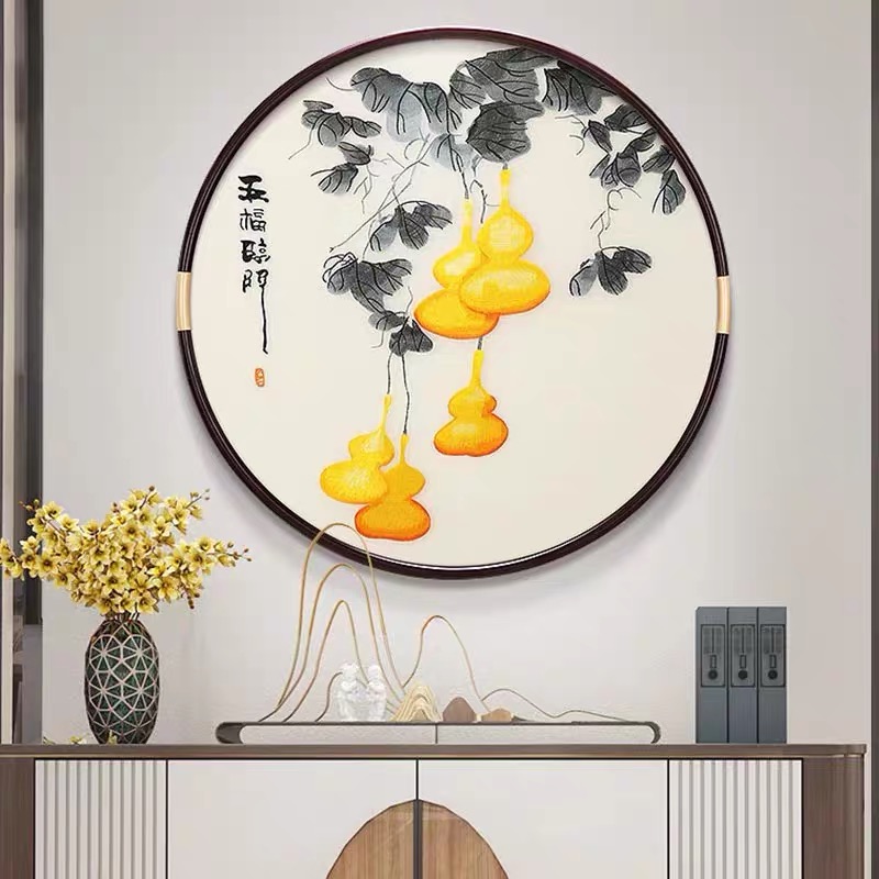 新中式玄关装饰画入户正对门走廊过道挂画圆形葫芦刺绣画书房壁画图片