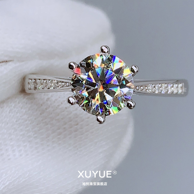 18K白金莫桑石钻戒六爪微镶不掉色情侣戒指女定制婚戒送礼物首饰