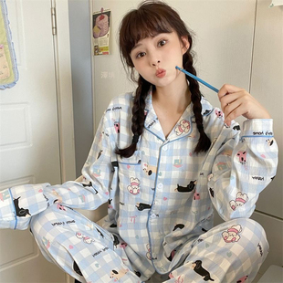 春秋季日系格子睡衣女云朵棉长袖开衫甜美学生可爱小狗印花家居服