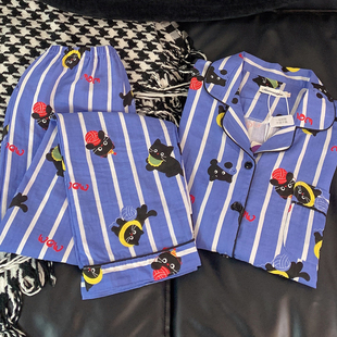 ins韩版卡通小黑猫情侣睡衣春秋季纯棉女长袖条纹男翻领家居服