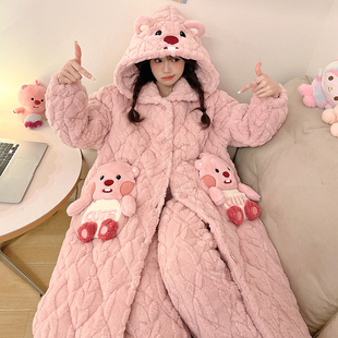 新款可爱秋冬季天三层夹棉睡衣女士睡袍套装珊瑚绒加绒加厚家居服