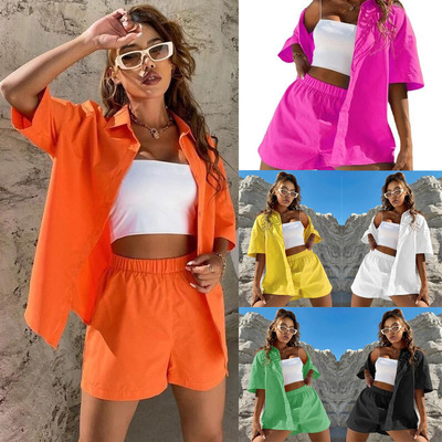 Shirt and shorts set夏季新款棉麻时尚套装纯色休闲落肩衬衫短裤