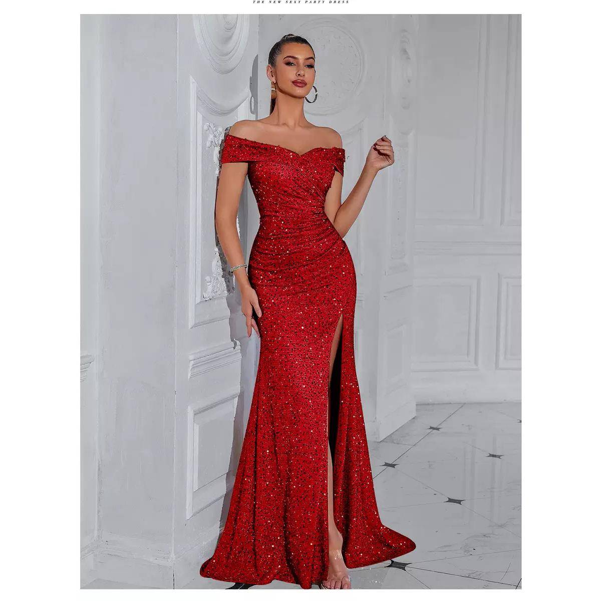 Sexy Sequin Evening Dress Off Shoulder Split party dress