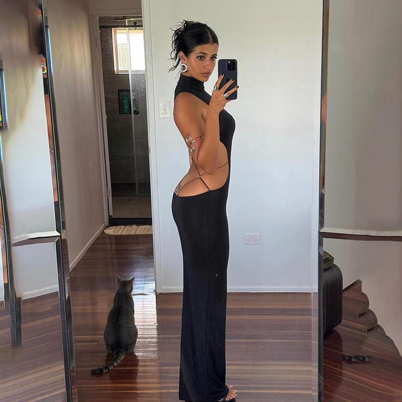 欧美风性感大露背蝴蝶结绑带连衣裙小高领气质辣妹开叉绷带长裙