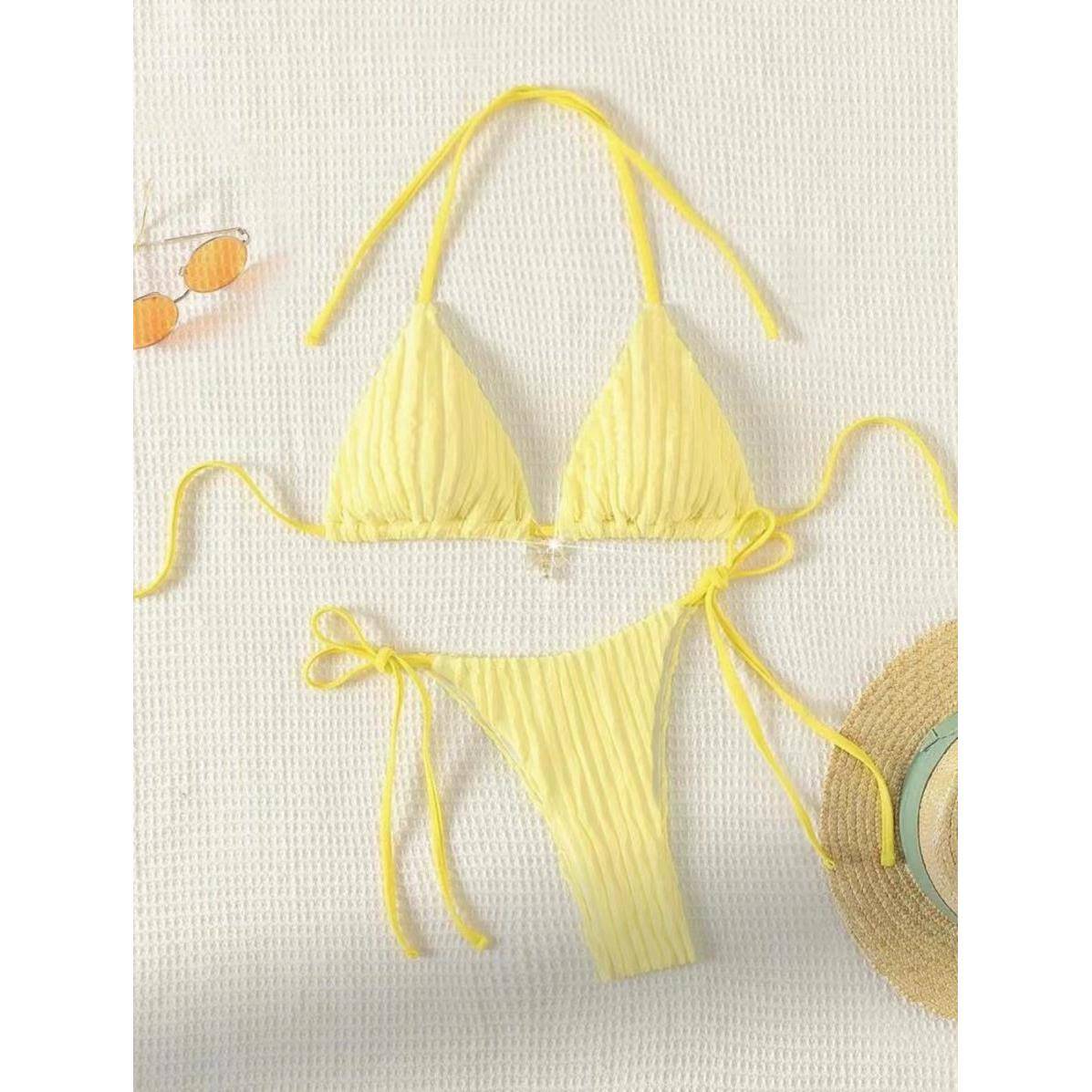 欧美性感三点式比基尼海边度假显瘦泳装温泉亮色分体泳衣bikini