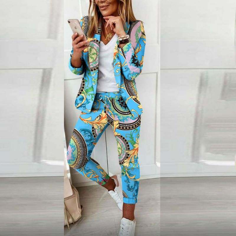 外贸女装秋冬热销亚马逊欧美时尚印花长袖开衫休闲小西装套装女