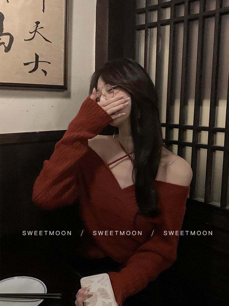 圣诞新年红色高级感绑带毛衣女纯欲小性感一字肩露锁骨上衣针织衫