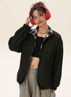 ADER DANCE春秋季新款休闲情侣休闲时尚两面穿日系港风格子夹克