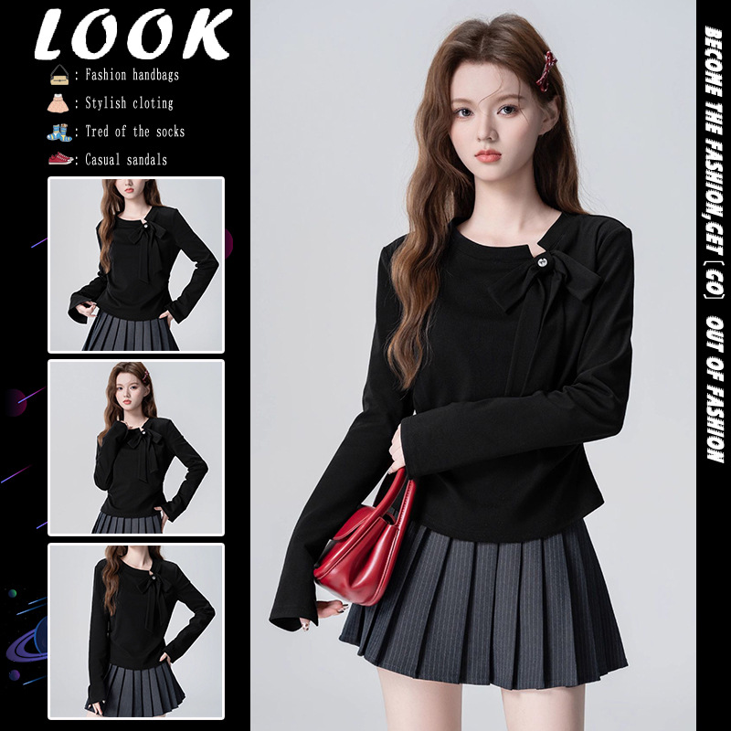 黑色圆领长袖T恤女2025秋季新款不规则蝴蝶结收腰内搭显瘦上衣ins