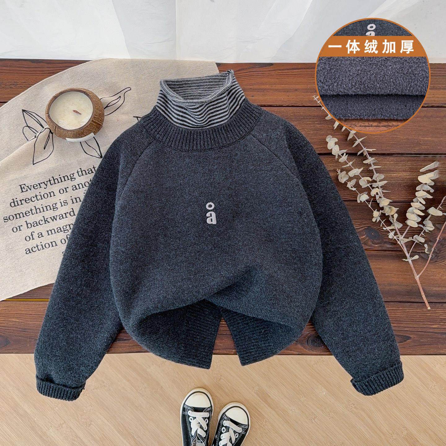 男童高领毛衣加绒加厚儿童羊绒衫一体绒堆堆领中大童打底衫内搭冬