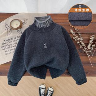男童高领毛衣加绒加厚儿童羊绒衫一体绒堆堆领中大童打底衫内搭冬