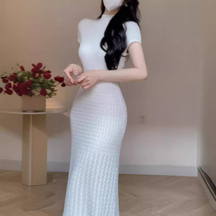 半高领高级感纯色裙女 针织连衣裙夏季 新款 中长款 镂空微透拼接时尚
