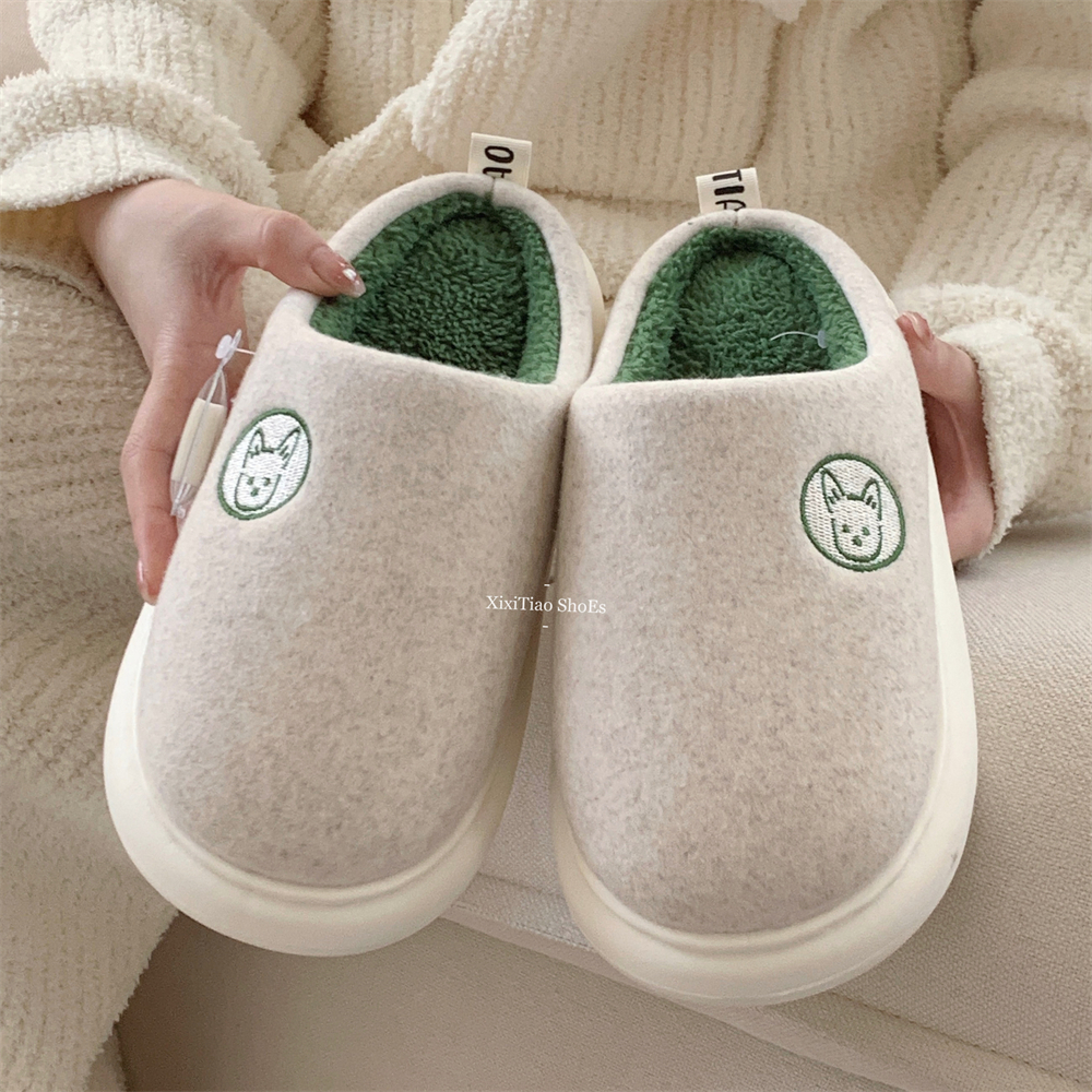 细细条情侣创意卡通小狗居家月子鞋冬季男女防滑保暖加绒棉拖鞋