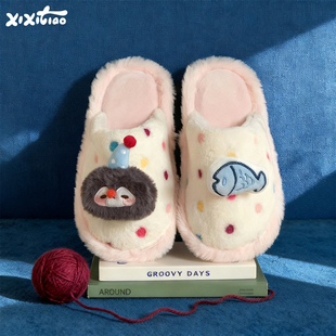 细细条 防滑2025新款卧室居家棉拖鞋可爱企鹅小鱼包头毛毛鞋女冬
